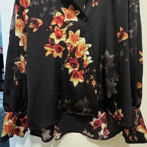 All Saints Black and Orange Boxy Long Sleeve Blouse